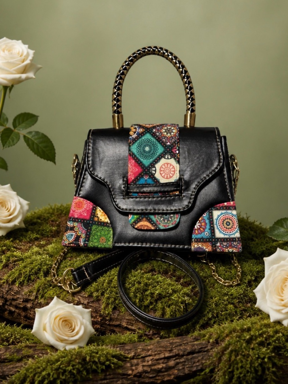 Black Patchwork Accent Top-Handle Crossbody Bag